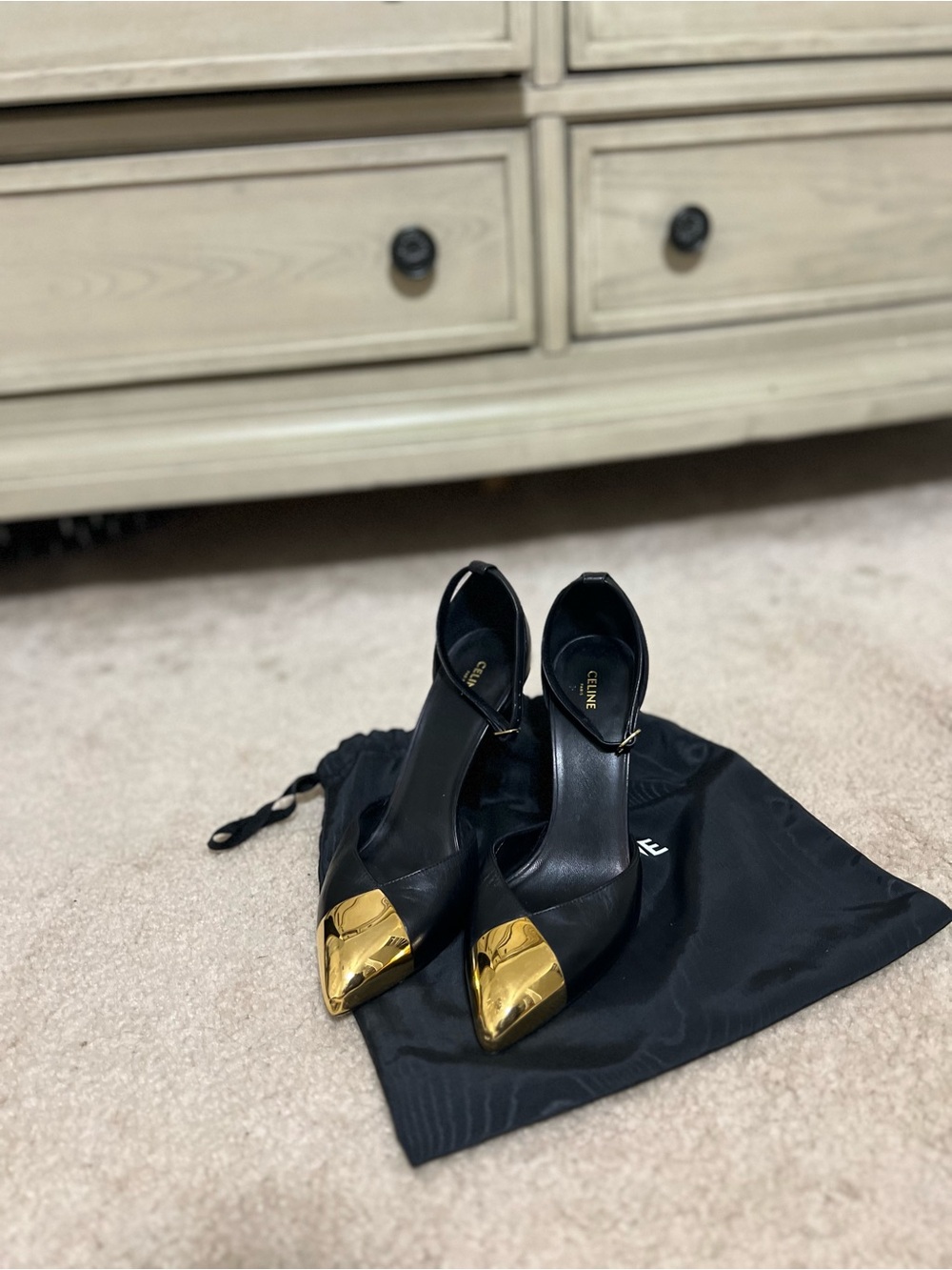 Celine Black Leather Pointed Toe Heels with Gold Toe Cap